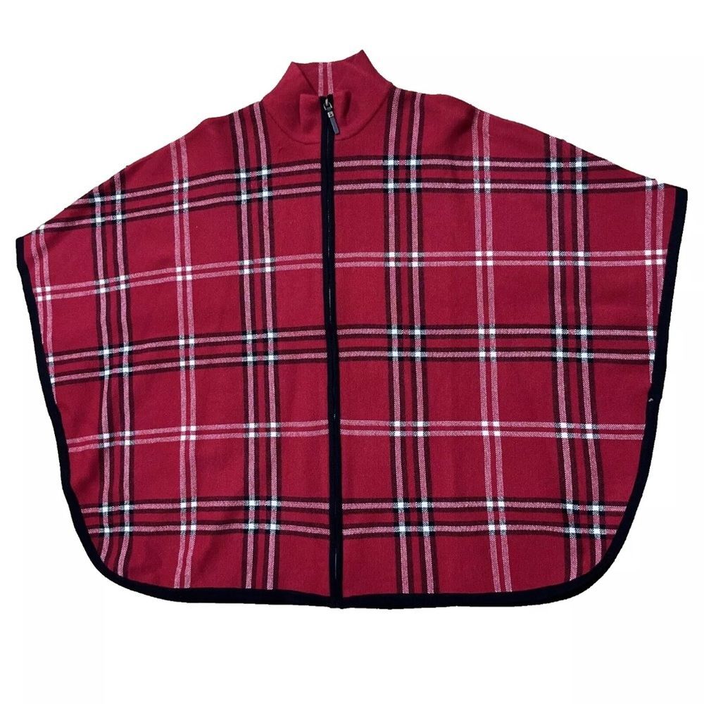 NICOLE MILLER Red Tartan Poncho Cape S/M Soft Plaid Preppy Layer Full Zip
